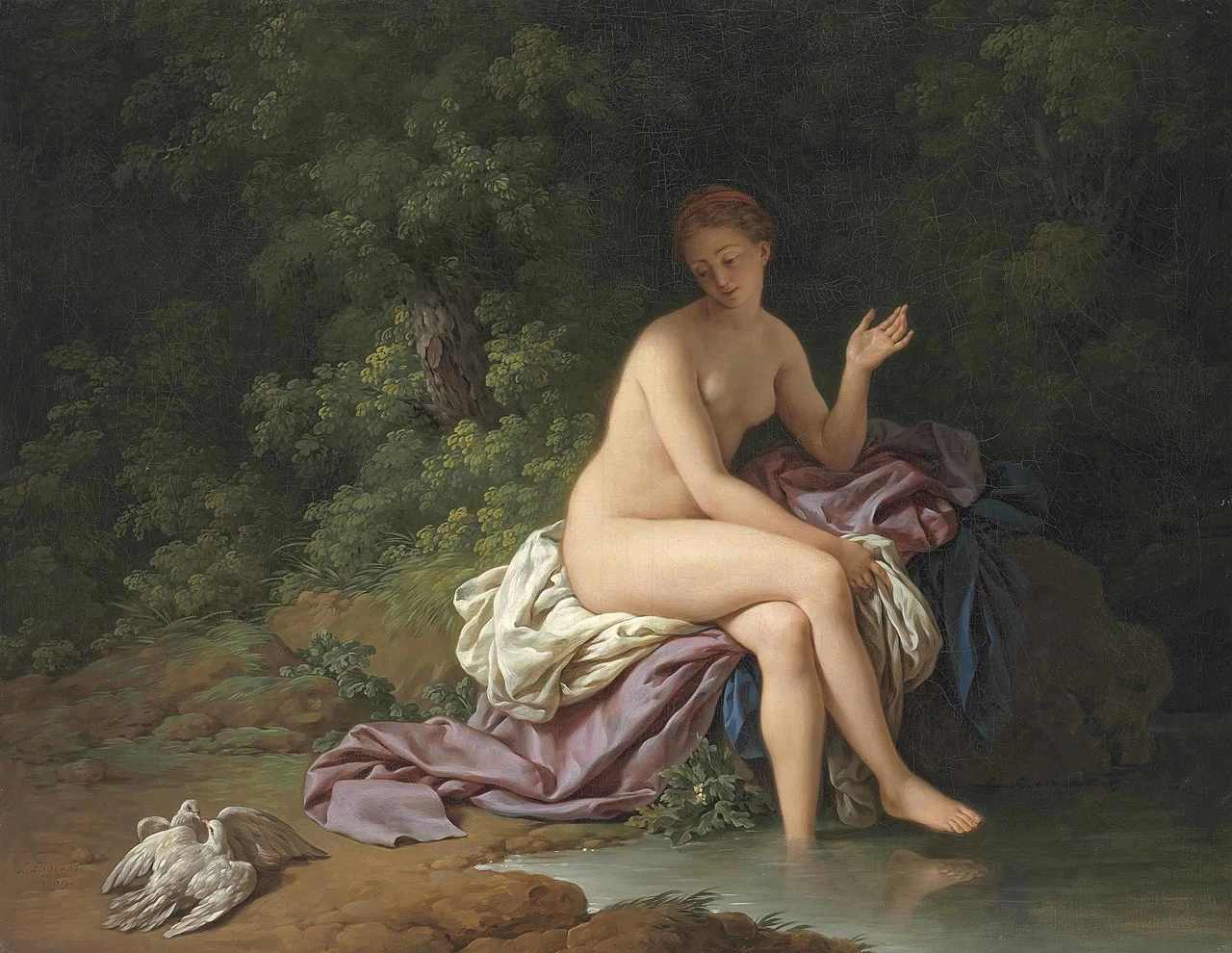 Una dama che fa il bagno presso un fiume, con due tortore